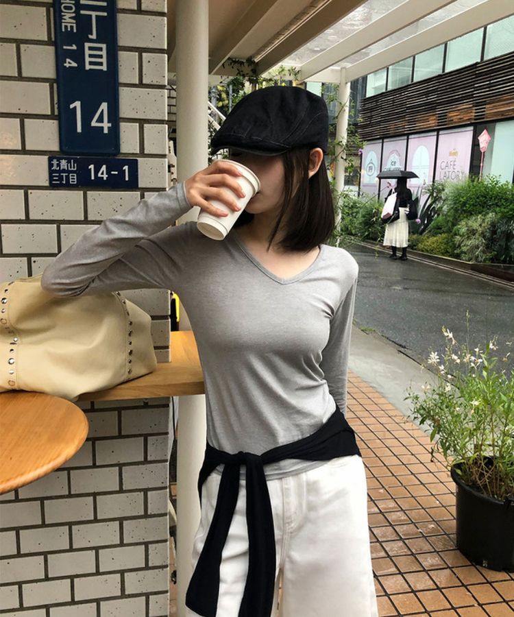 ピグメントVネック長袖Tシャツ GREY