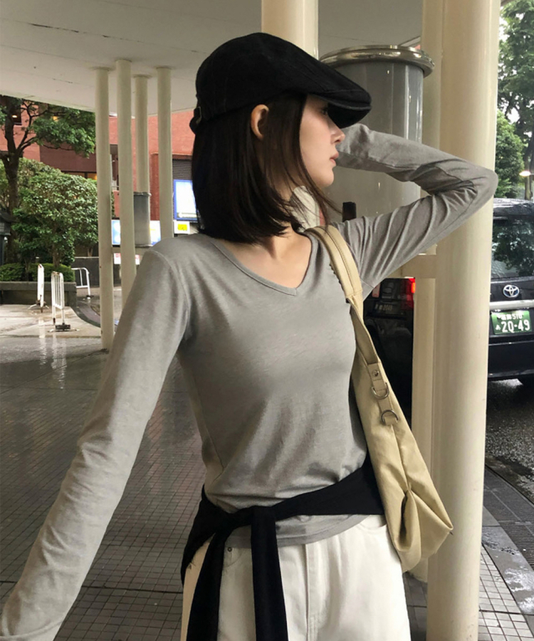 ピグメントVネック長袖Tシャツ GREY
