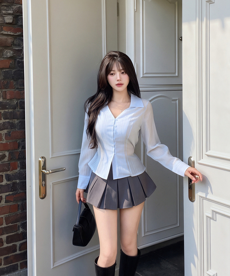 シアーVネックカラーブラウス SKYBLUE