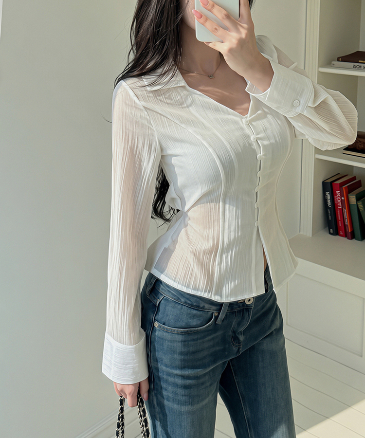 シアーVネックカラーブラウス WHITE