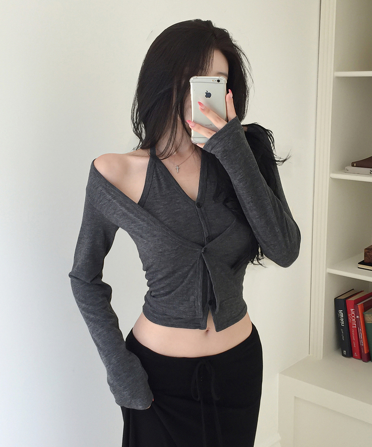 ホルターレイヤードボタン長袖Tシャツ CHARCOAL
