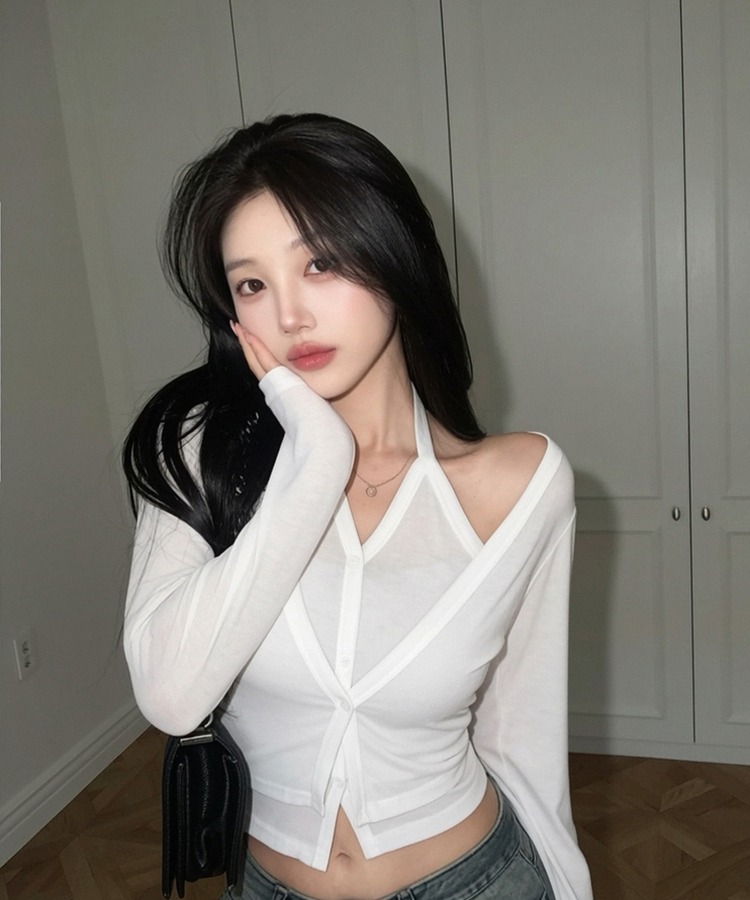 ホルターレイヤードボタン長袖Tシャツ IVORY