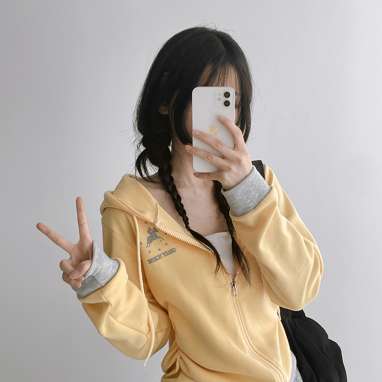 プリントスリムジップアップフードトレーナー YELLOW