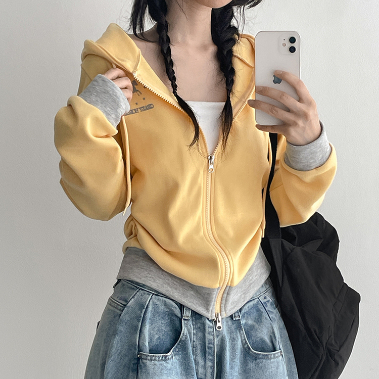 プリントスリムジップアップフードトレーナー YELLOW