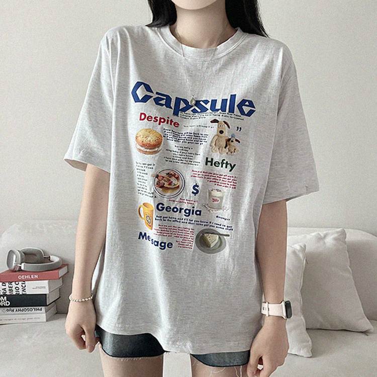 プリントボクシーラウンドネックTシャツ MELANGE WHITE