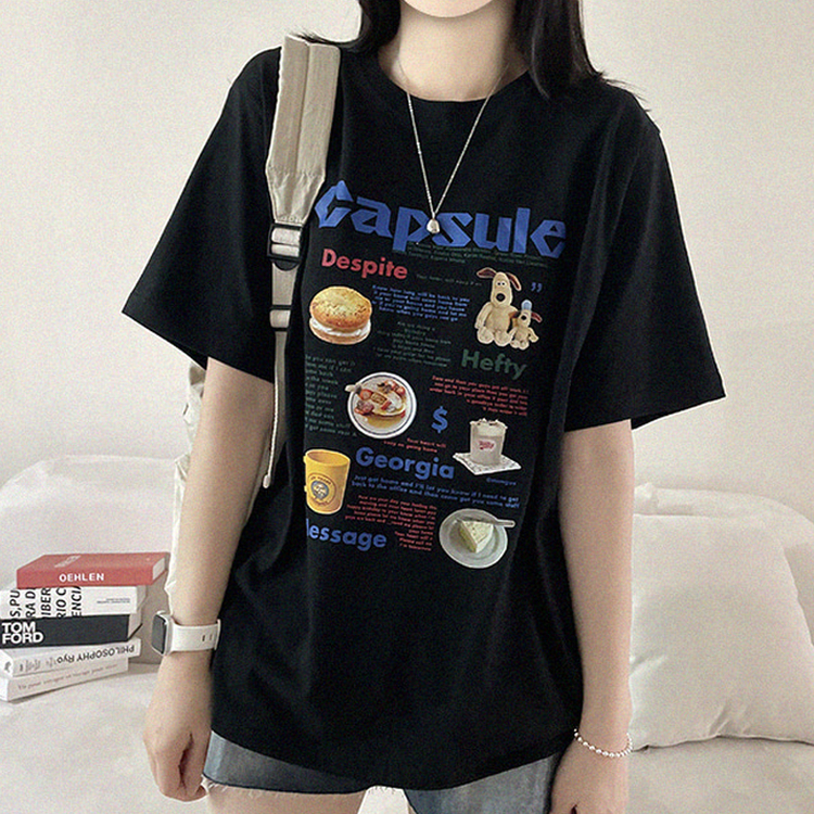 プリントボクシーラウンドネックTシャツ BLACK