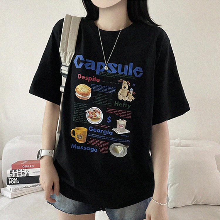 プリントボクシーラウンドネックTシャツ BLACK