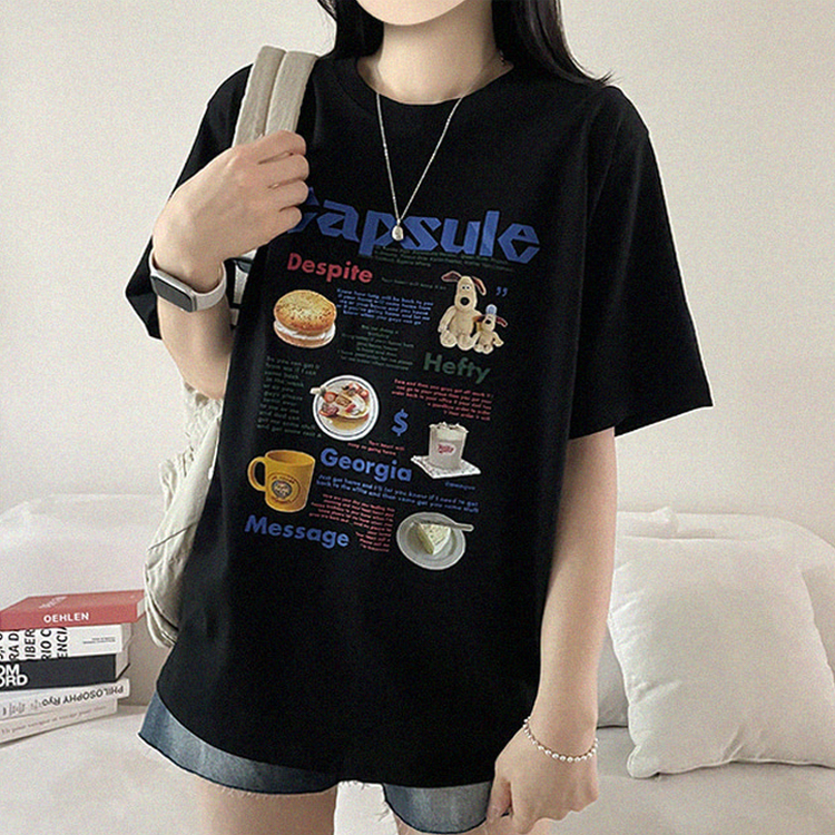 プリントボクシーラウンドネックTシャツ BLACK