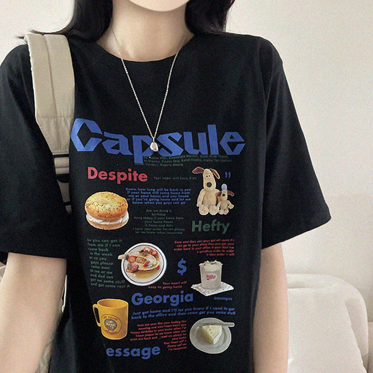 プリントボクシーラウンドネックTシャツ BLACK