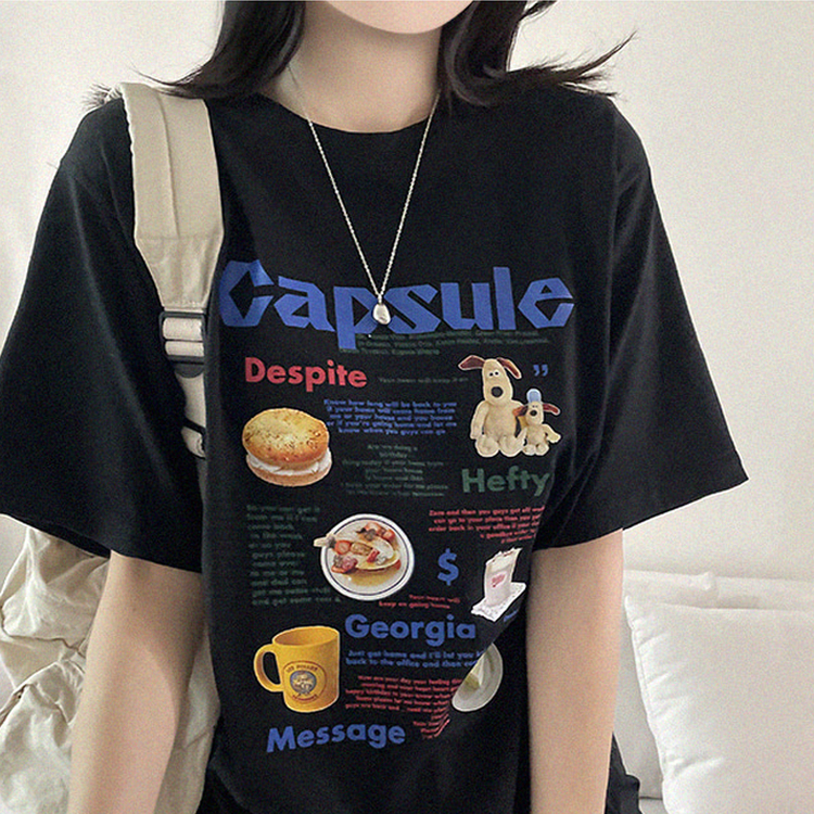 プリントボクシーラウンドネックTシャツ BLACK