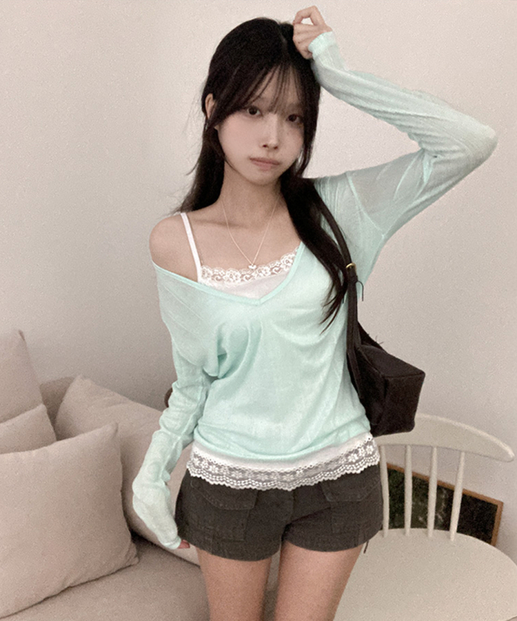 ディープVネックシアーリブTシャツ(8color) MINT