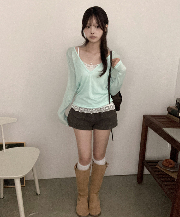 ディープVネックシアーリブTシャツ(8color) MINT