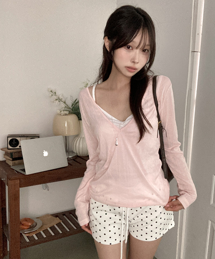 ディープVネックシアーリブTシャツ(8color) PINK