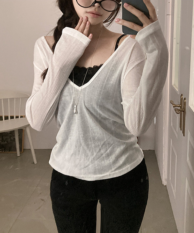 ディープVネックシアーリブTシャツ(8color) IVORY
