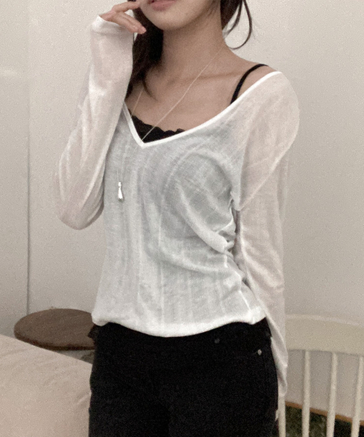 ディープVネックシアーリブTシャツ(8color) IVORY