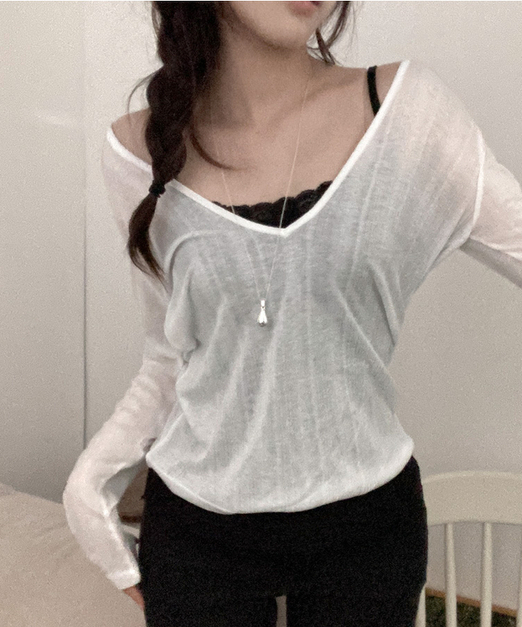 ディープVネックシアーリブTシャツ(8color) IVORY
