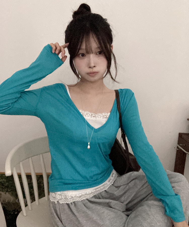 ディープVネックシアーリブTシャツ(8color) AQUA