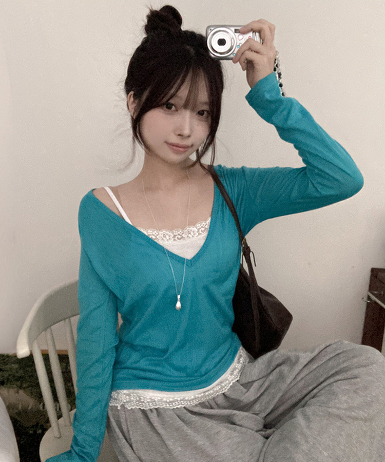 ディープVネックシアーリブTシャツ(8color) AQUA