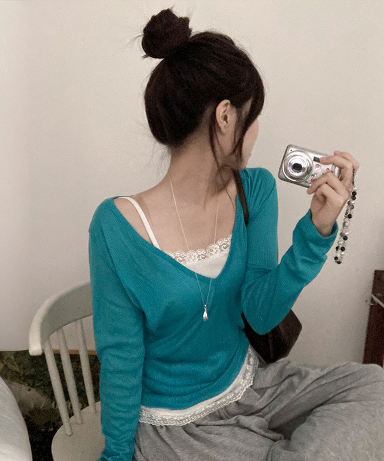 ディープVネックシアーリブTシャツ(8color) AQUA