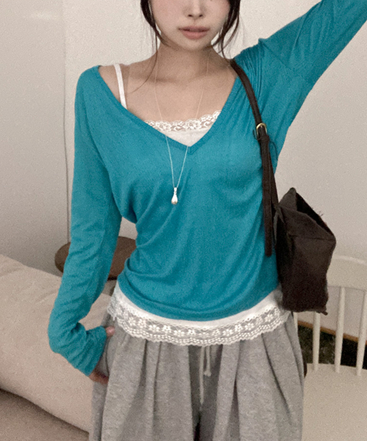 ディープVネックシアーリブTシャツ(8color) AQUA
