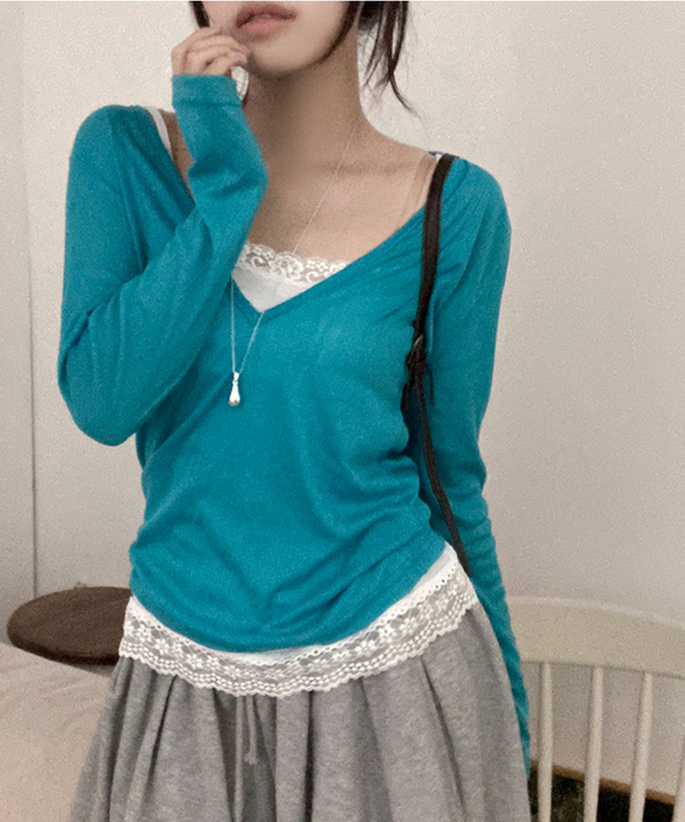 ディープVネックシアーリブTシャツ(8color) AQUA