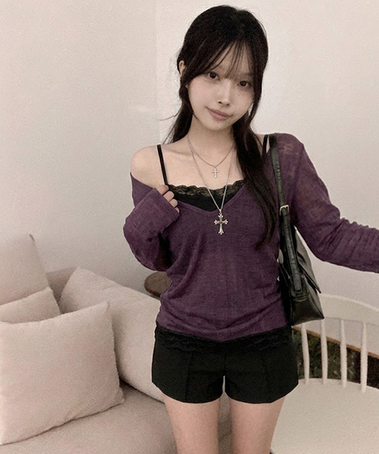 ディープVネックシアーリブTシャツ(8color) PURPLE