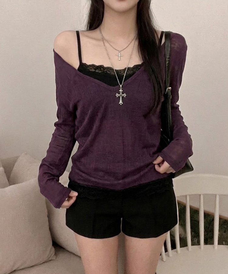 ディープVネックシアーリブTシャツ(8color) PURPLE