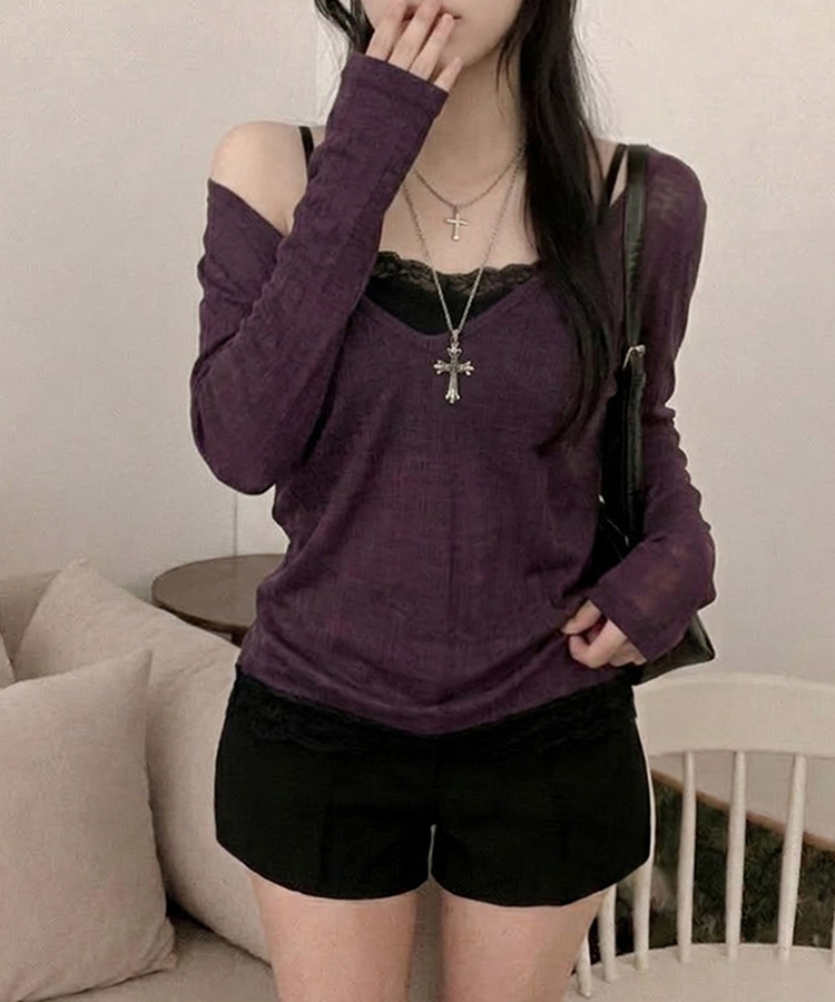 ディープVネックシアーリブTシャツ(8color) PURPLE