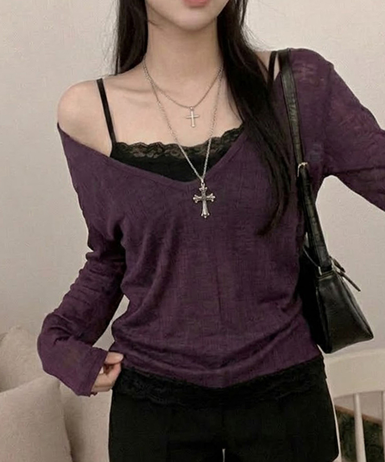 ディープVネックシアーリブTシャツ(8color) PURPLE