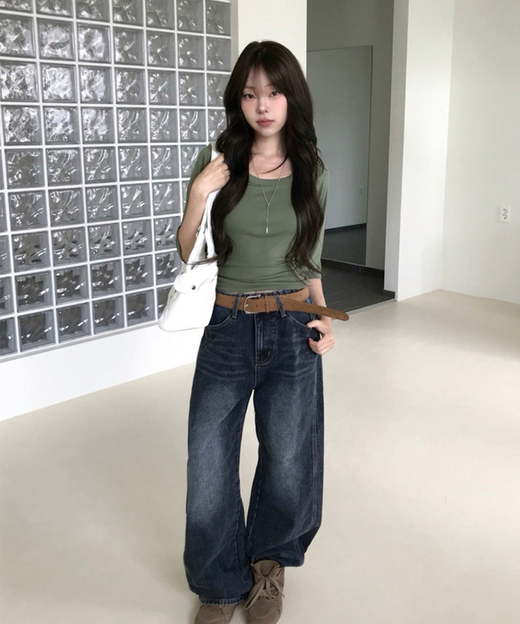 ウォッシングストレートワイドデニムパンツ DEEP BLUE