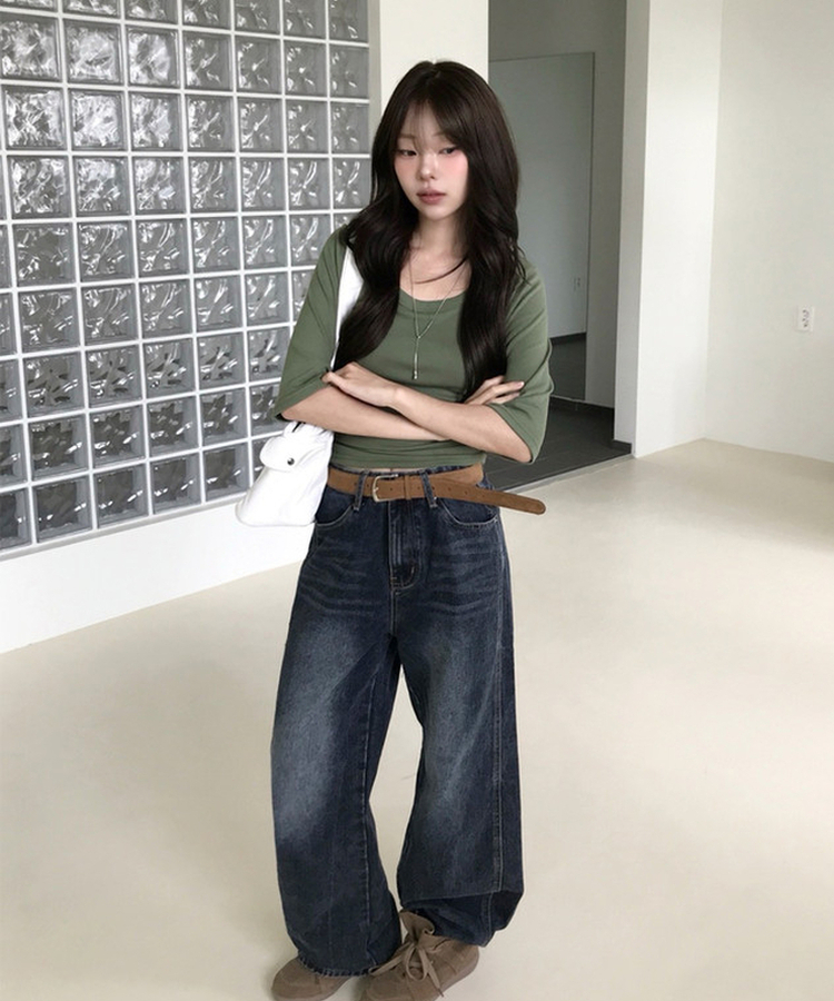 ウォッシングストレートワイドデニムパンツ DEEP BLUE