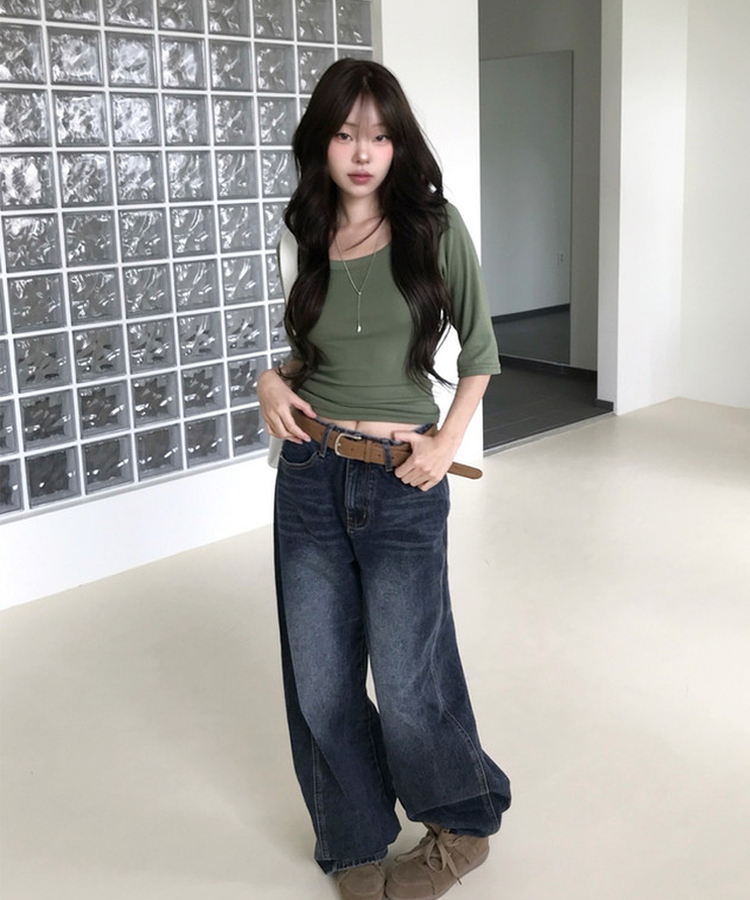 ウォッシングストレートワイドデニムパンツ DEEP BLUE