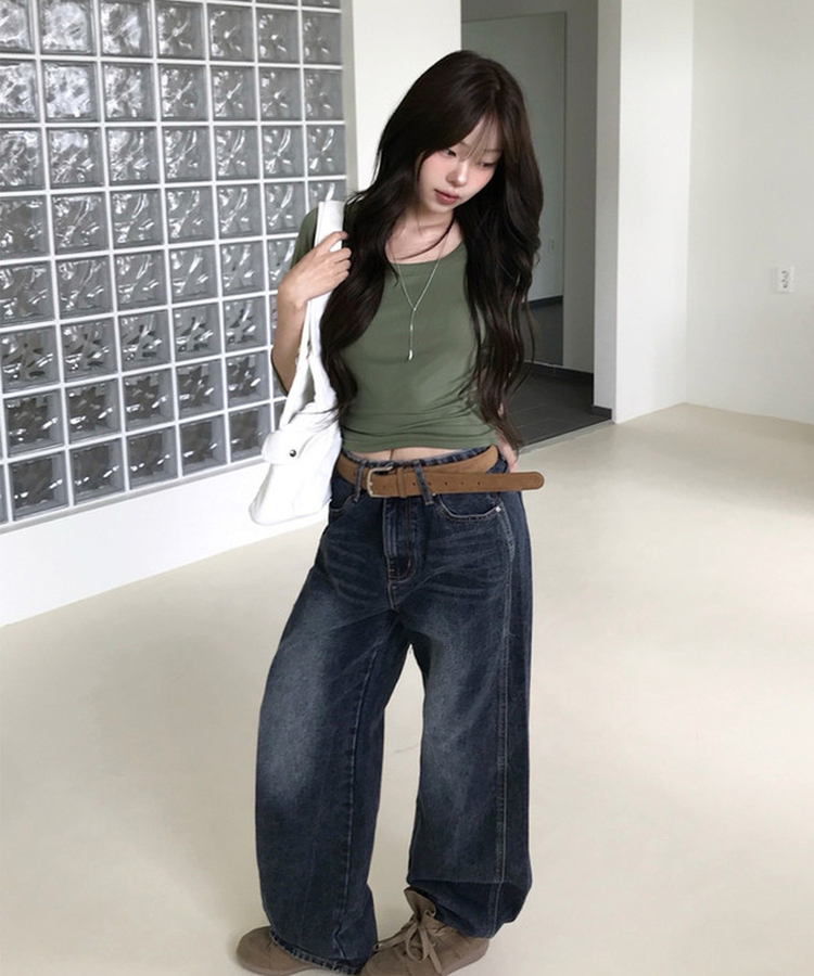 ウォッシングストレートワイドデニムパンツ DEEP BLUE