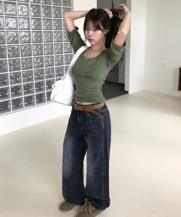 ウォッシングストレートワイドデニムパンツ DEEP BLUE