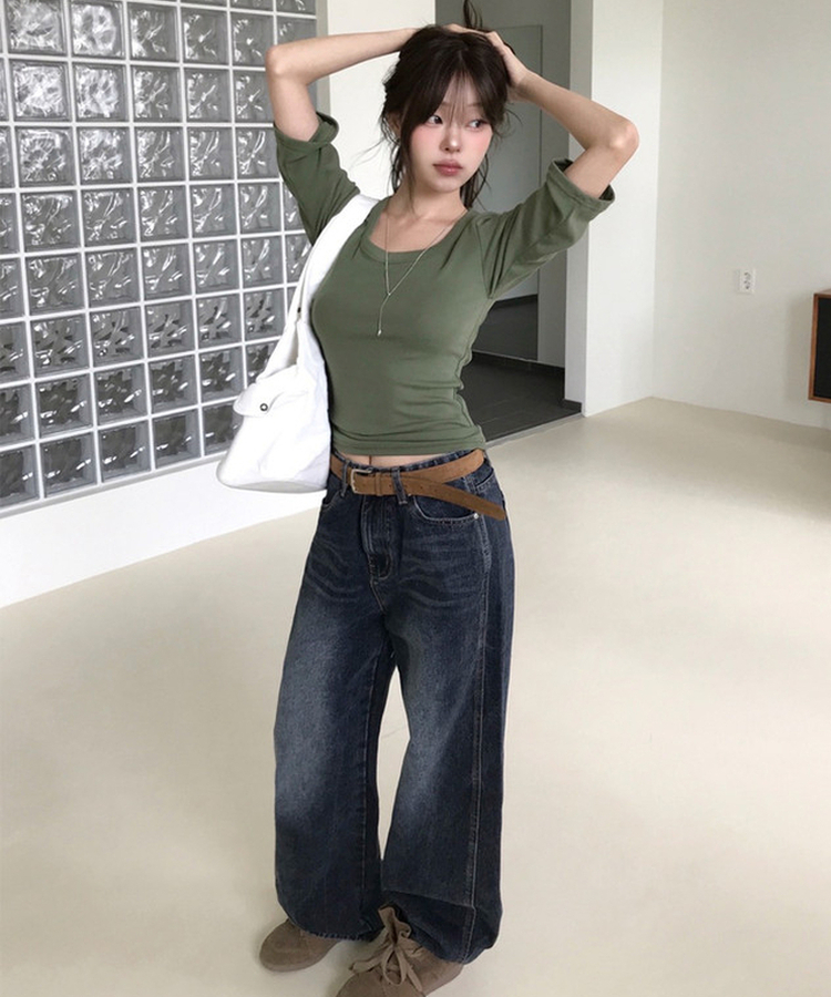 ウォッシングストレートワイドデニムパンツ DEEP BLUE