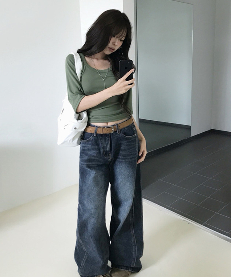 ウォッシングストレートワイドデニムパンツ DEEP BLUE