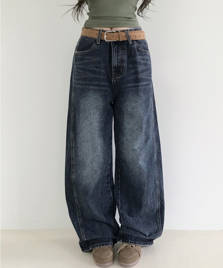 ウォッシングストレートワイドデニムパンツ DEEP BLUE