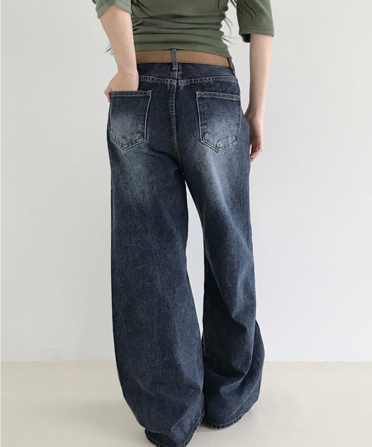 ウォッシングストレートワイドデニムパンツ DEEP BLUE