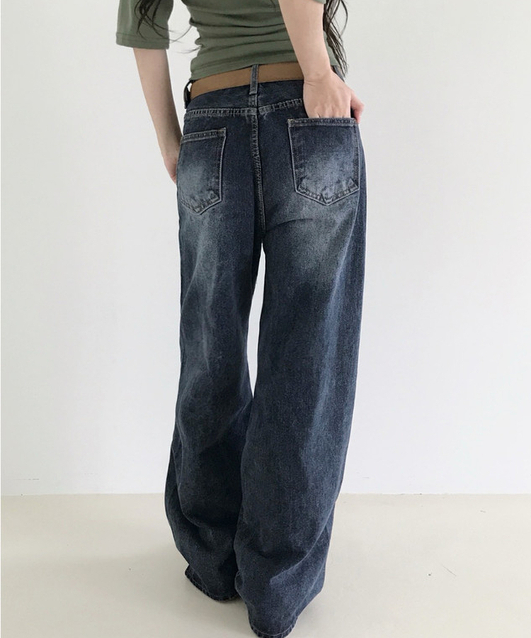 ウォッシングストレートワイドデニムパンツ DEEP BLUE