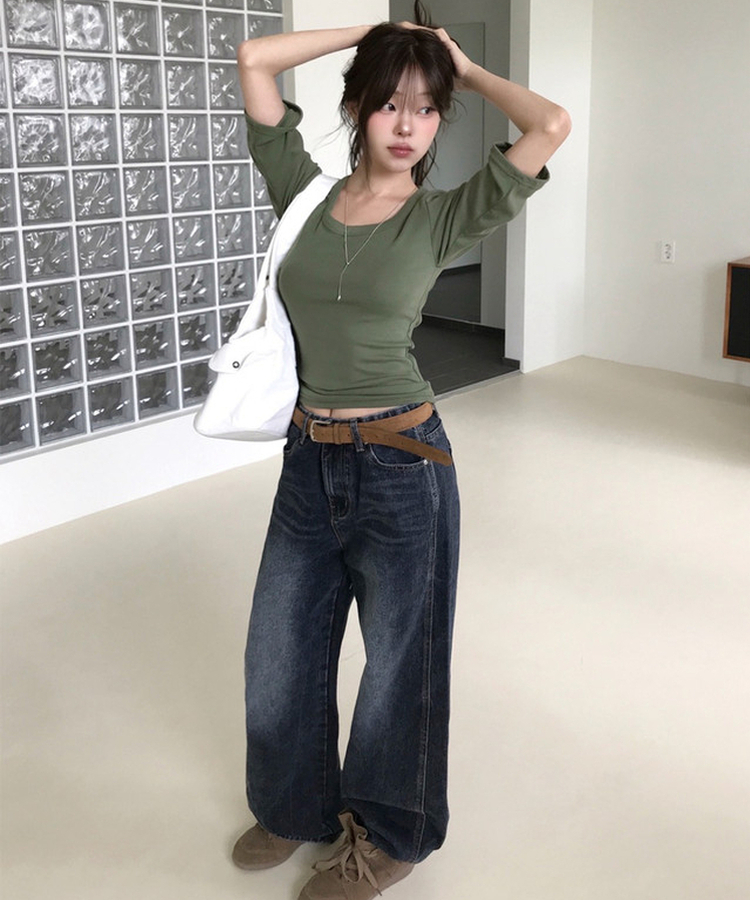 ベーシックUネック七分袖Tシャツ(6color) GREEN