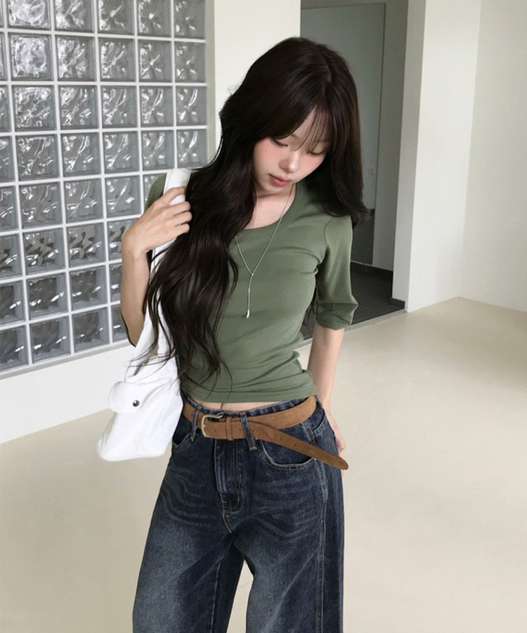 ベーシックUネック七分袖Tシャツ(6color) GREEN