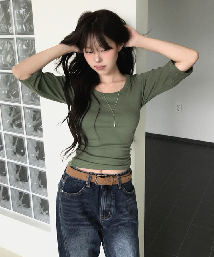 ベーシックUネック七分袖Tシャツ(6color) GREEN