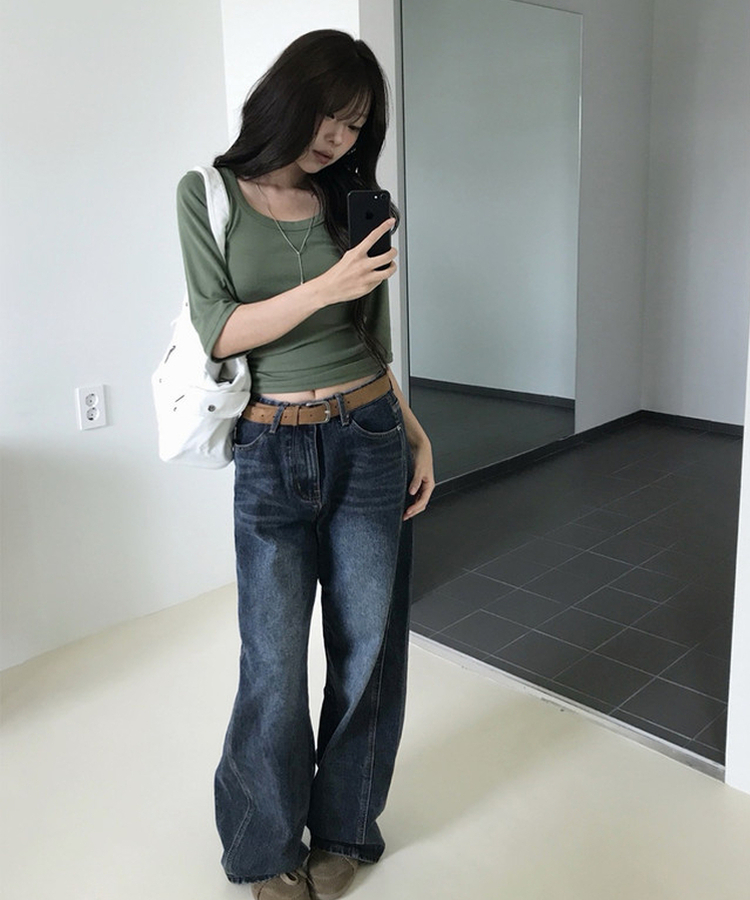 ベーシックUネック七分袖Tシャツ(6color) GREEN