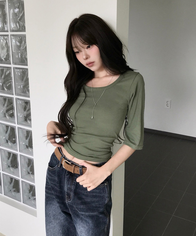 ベーシックUネック七分袖Tシャツ(6color) GREEN