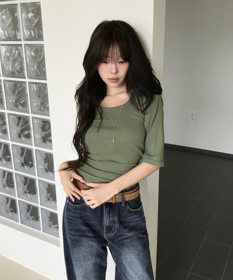 ベーシックUネック七分袖Tシャツ(6color) GREEN