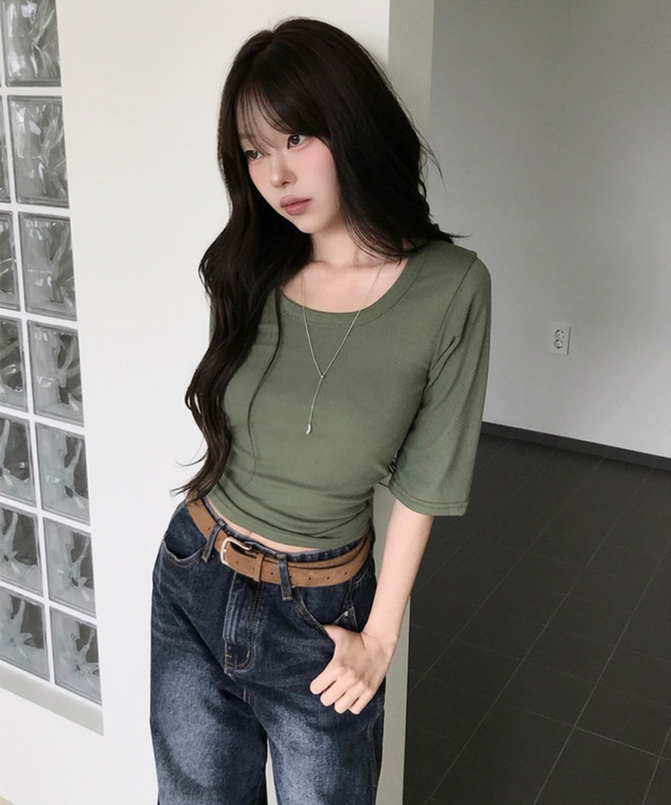 ベーシックUネック七分袖Tシャツ(6color) GREEN