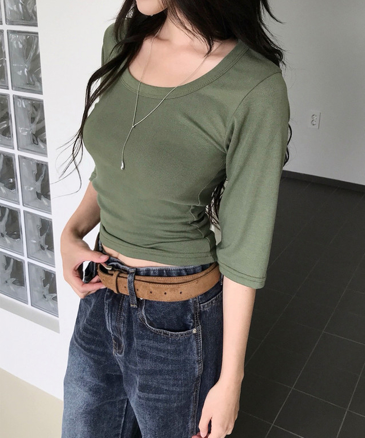 ベーシックUネック七分袖Tシャツ(6color) GREEN