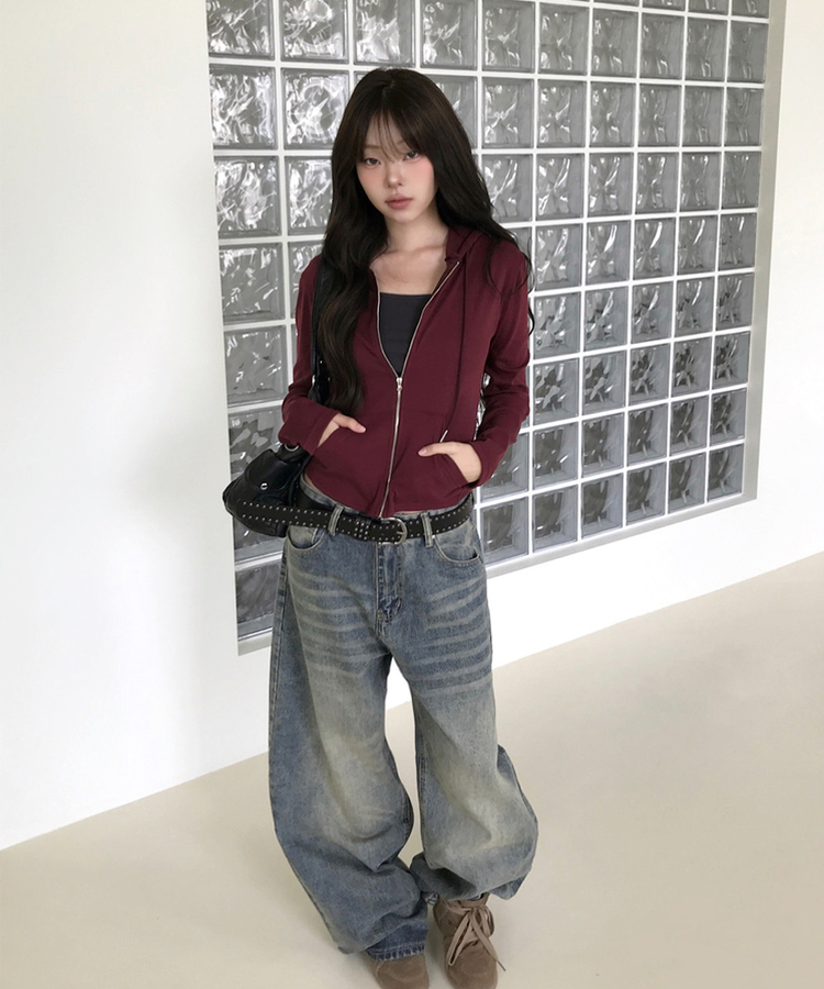 スリムジップアップフードトレーナー(7color) WINE