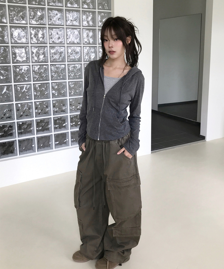 スリムジップアップフードトレーナー(7color) CHARCOAL