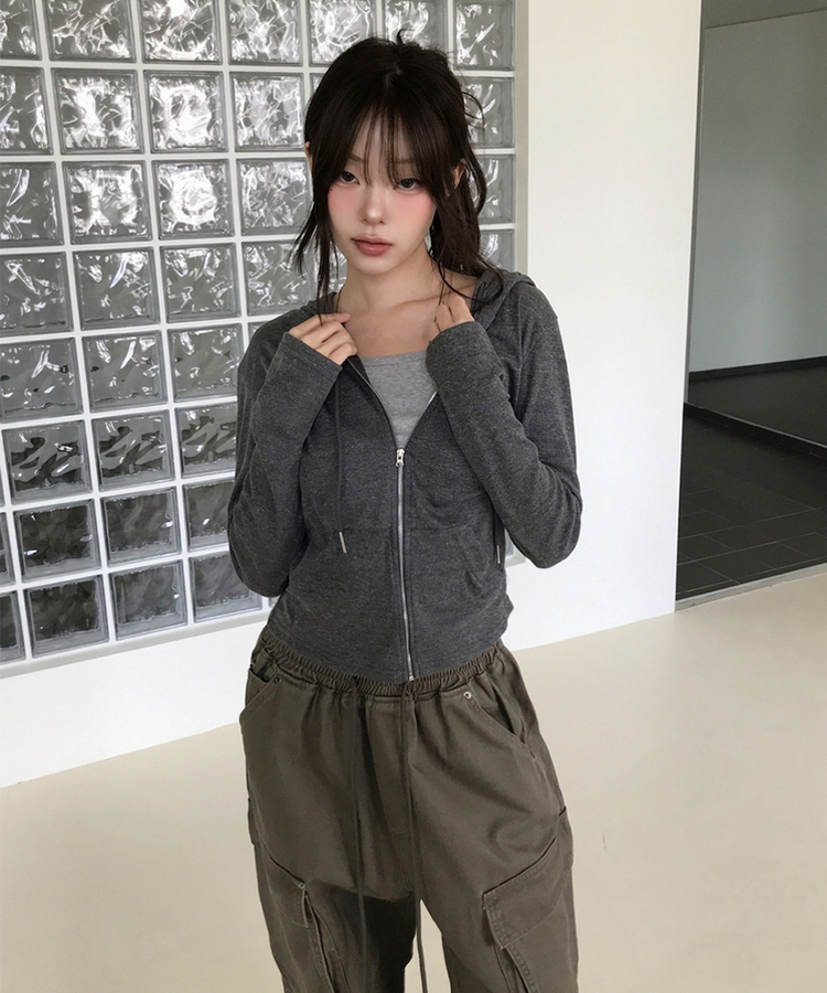 スリムジップアップフードトレーナー(7color) CHARCOAL